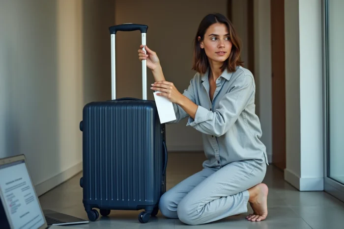 Femme attachant une étiquette valise imprimée PDF au bagage avant un voyage