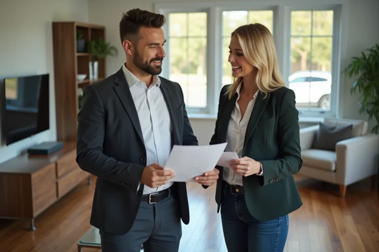 Femme en blazer discutant avec agent immobilier dans salon