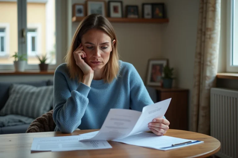 Femme d'âge moyen lisant des documents dans un appartement modeste