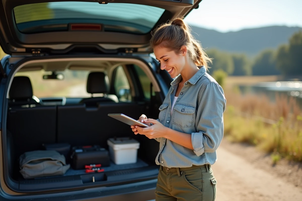 Jeune femme vérifiant son journal de pêche sur une tablette
