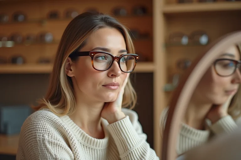 Femme essayant des lunettes oversize en acétate dans une boutique d'optique pour camoufler ses cernes