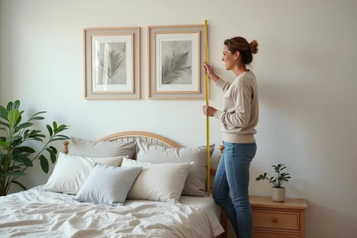 Femme mesurant la hauteur du mur dans une chambre moderne