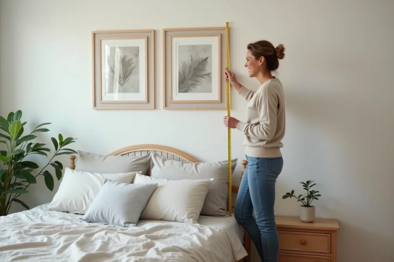 Femme mesurant la hauteur du mur dans une chambre moderne