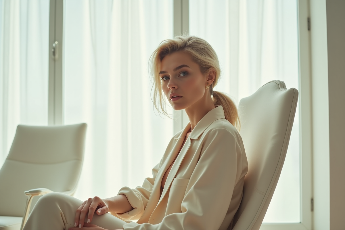 Femme avec coiffure mullet dans un intérieur lumineux et minimaliste