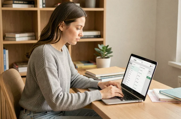 Jeune femme naviguant sur un plan de site web depuis son bureau à domicile