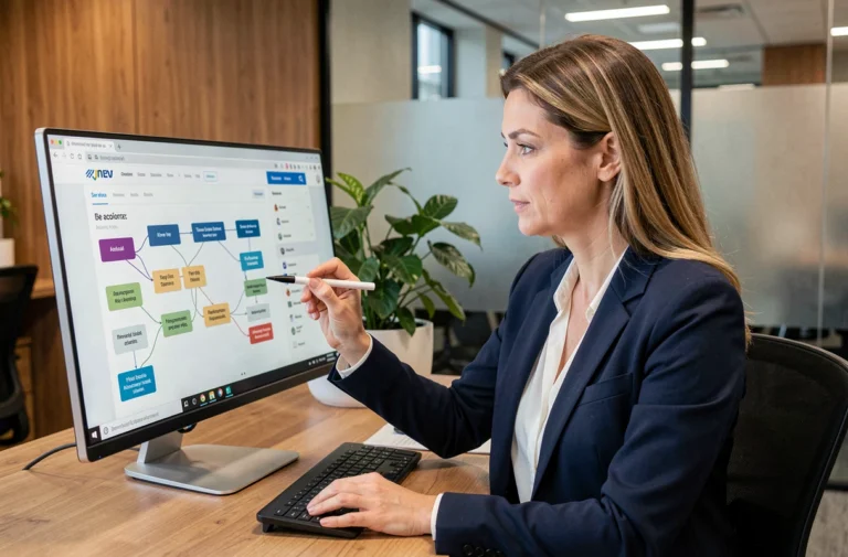 Femme professionnelle naviguant sur le plan du site Place des Industries depuis son bureau moderne