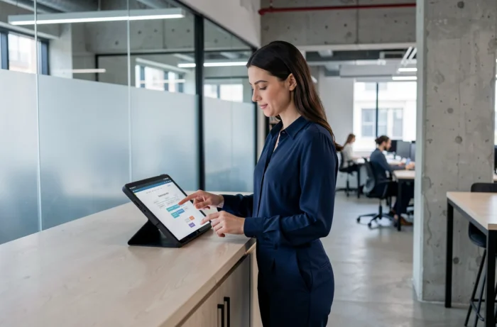 Femme consultant un plan de site sur tablette dans un espace de coworking moderne