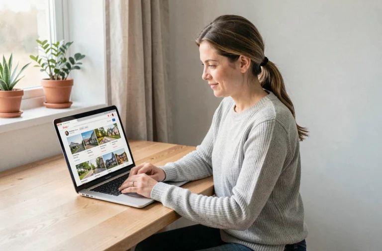 Femme parcourant une plateforme immobilière sur un ordinateur portable dans un bureau à domicile moderne
