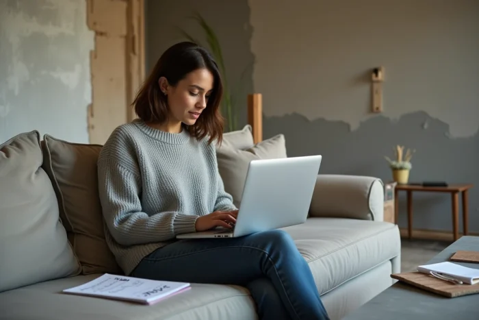 Femme recherchant les meilleurs taux de crédit travaux sur ordinateur portable dans un salon en cours de rénovation