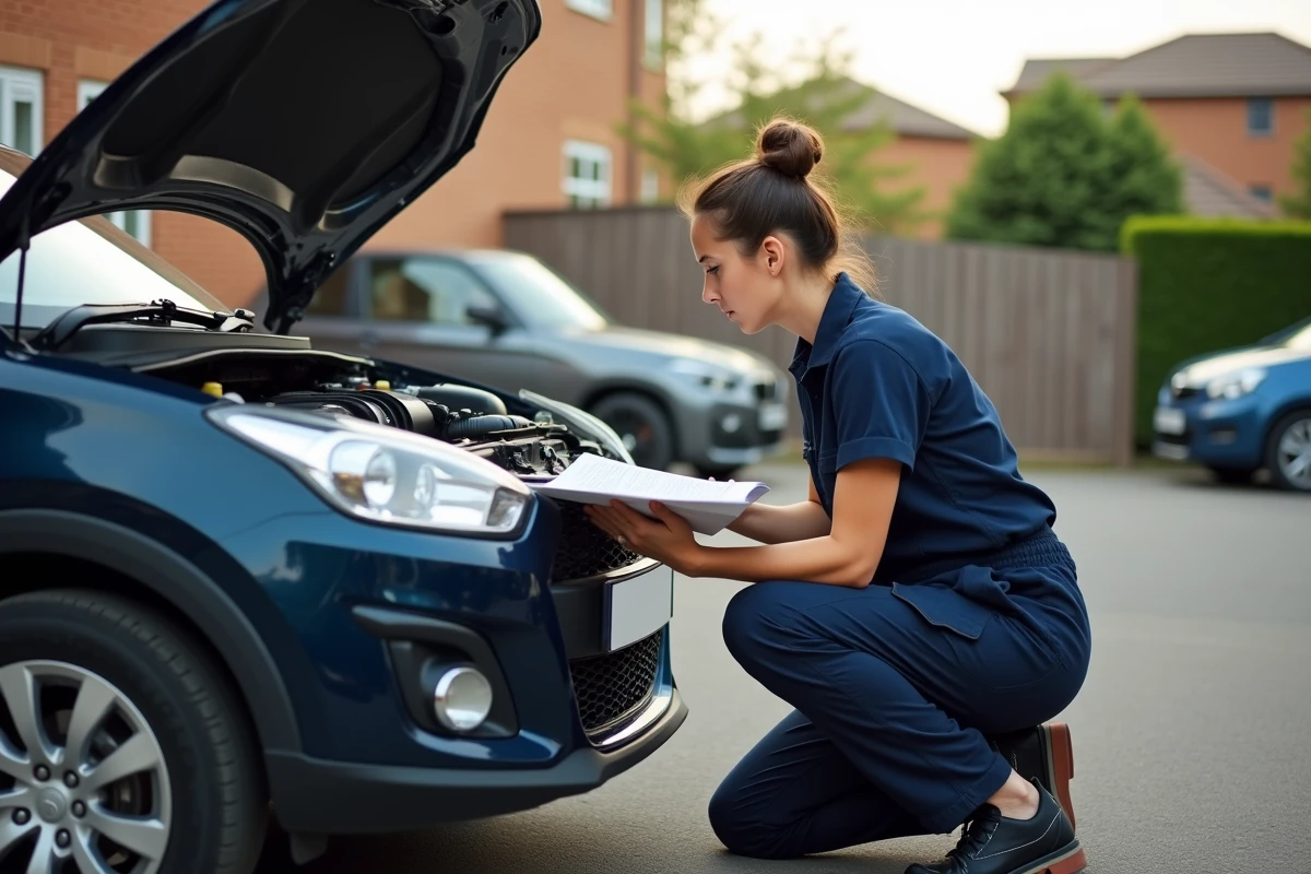 Jeune femme lisant un manuel sous le capot d