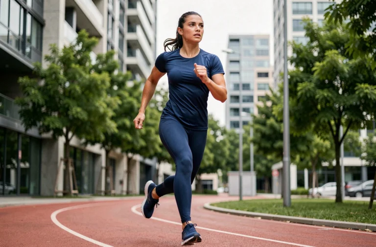 Femme sportive en tenue de running courant sur une piste urbaine, illustrant les tendances et performances sportives