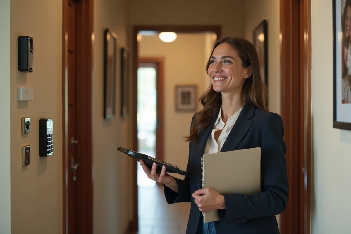 Femme souriante vérifiant le système d