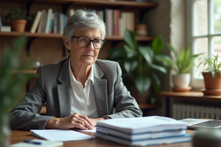 Femme senior réfléchissant à ses documents à domicile