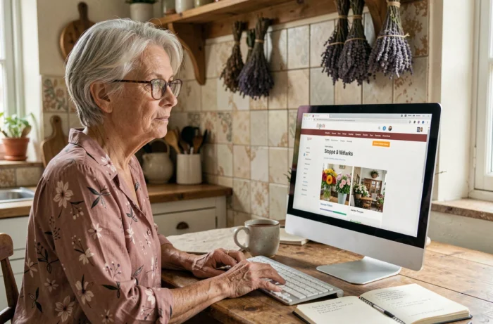 Femme âgée explorant le plan du site d'une boutique de fleurs et jardinage sur ordinateur dans une cuisine