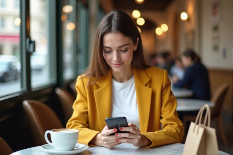 Jeune femme consultant des offres shopping tendance sur son smartphone dans un café parisien