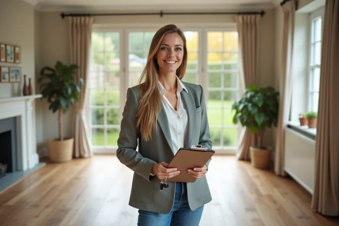 Femme souriante en intérieur lumineux et moderne