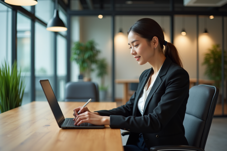 Femme professionnelle travaillant sur un ordinateur portable dans un bureau moderne