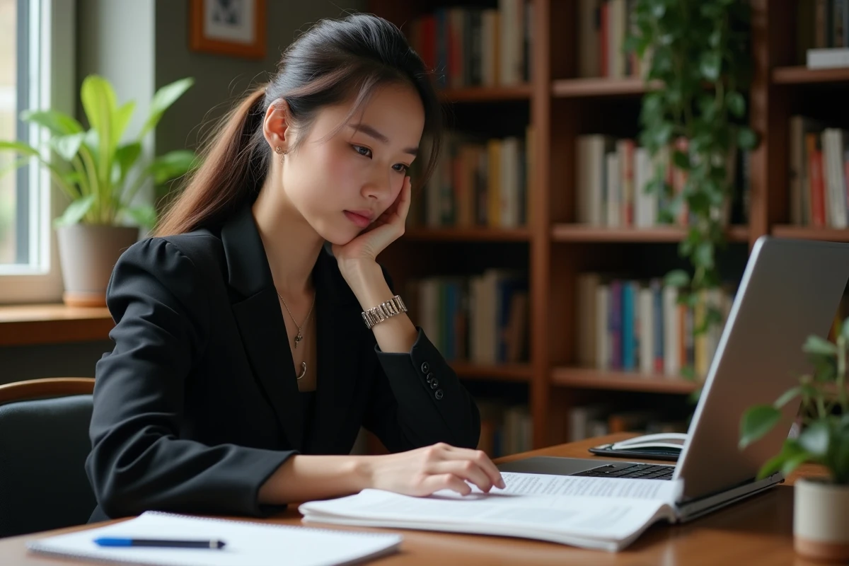 Jeune femme travaillant à son bureau avec livres et ordinateur