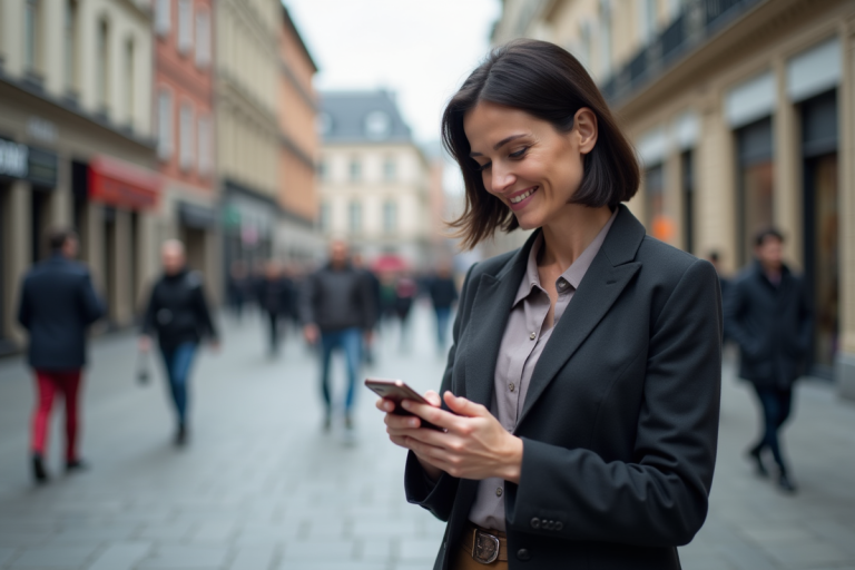 Femme d'âge moyen regardant son téléphone dans une place urbaine