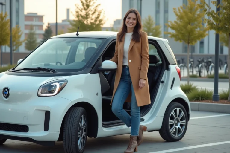 Femme élégante sortant d'une voiture électrique en ville
