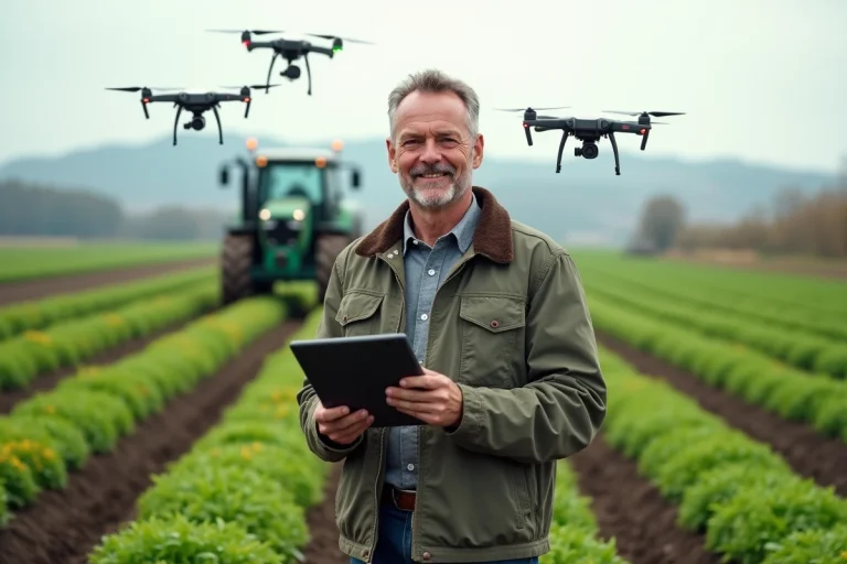 Ferme moderne avec fermier et drones dans les champs