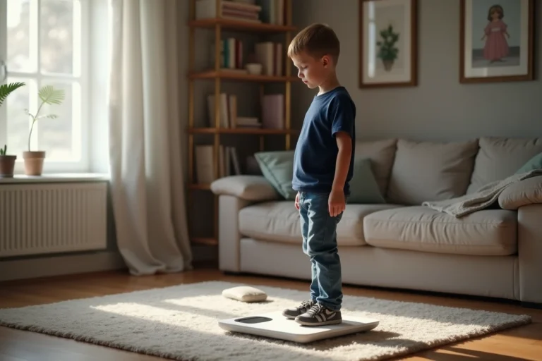 Garçon de 11 ans sur une balance numérique dans un salon cosy