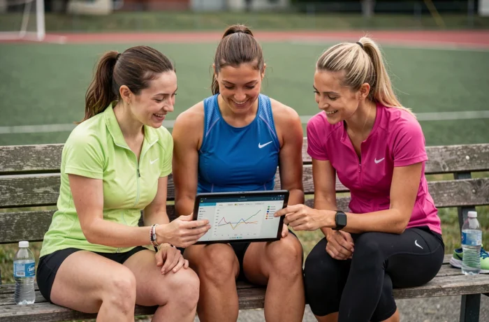 Groupe d'athlètes analysant des données de performance sportive sur une tablette en extérieur, tendances et conseils sport