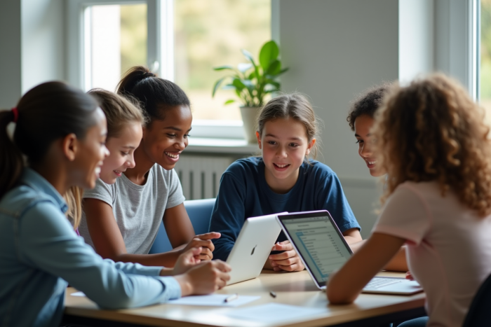 Groupe d'étudiants collaborant avec des tablettes dans une salle lumineuse