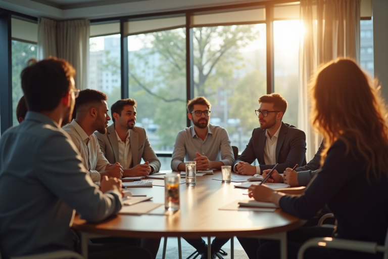 Groupe de professionnels en réunion de travail dynamique