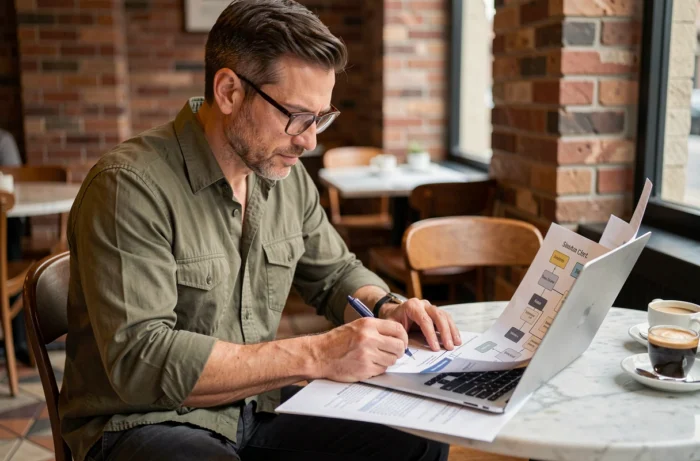 Homme analysant un plan de site imprimé et numérique dans un café urbain