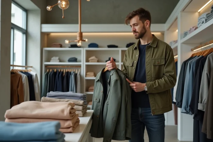 Homme parcourant des vêtements tendance dans un concept store moderne au design épuré
