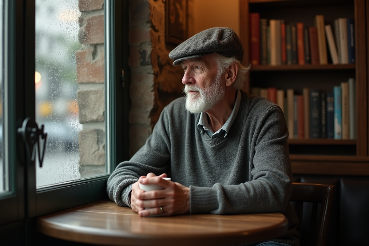 Homme plus âgé assis dans un café avec une tasse à la main
