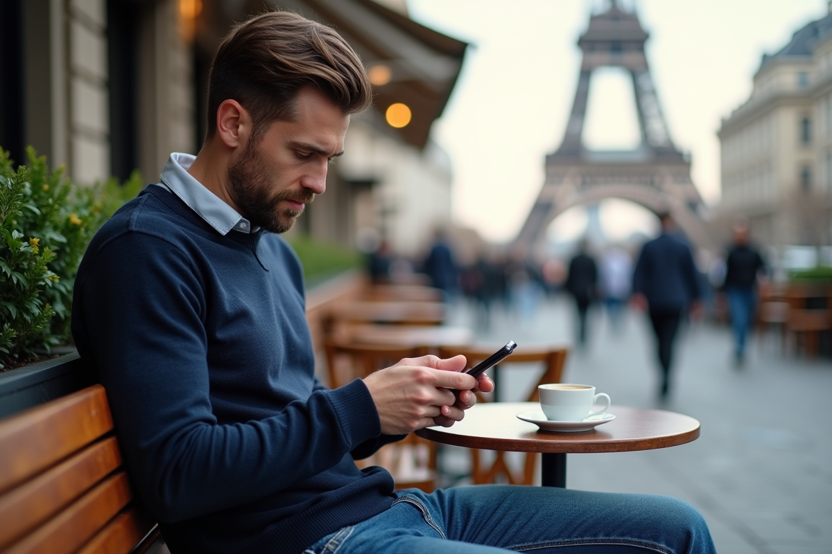 Homme au café parisien tenant son smartphone et un café