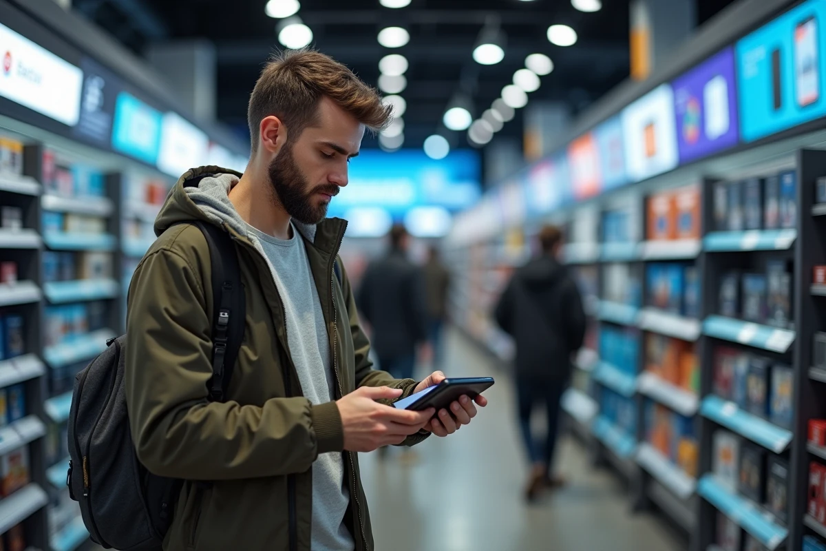 Homme en magasin d électronique comparant deux gadgets
