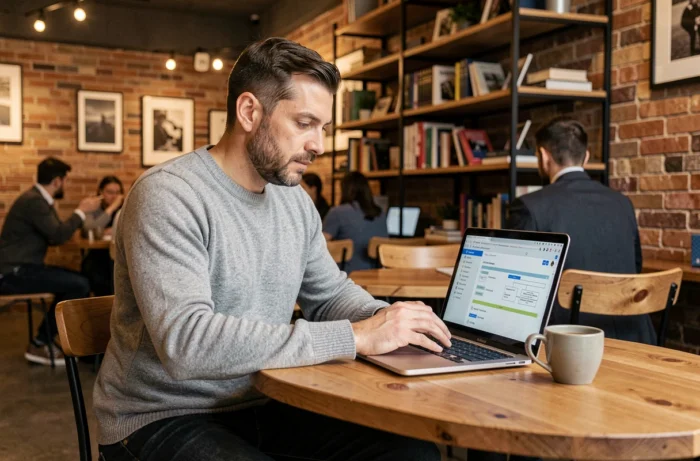 Homme consultant le plan du site d'un annuaire industriel sur son ordinateur portable dans un café