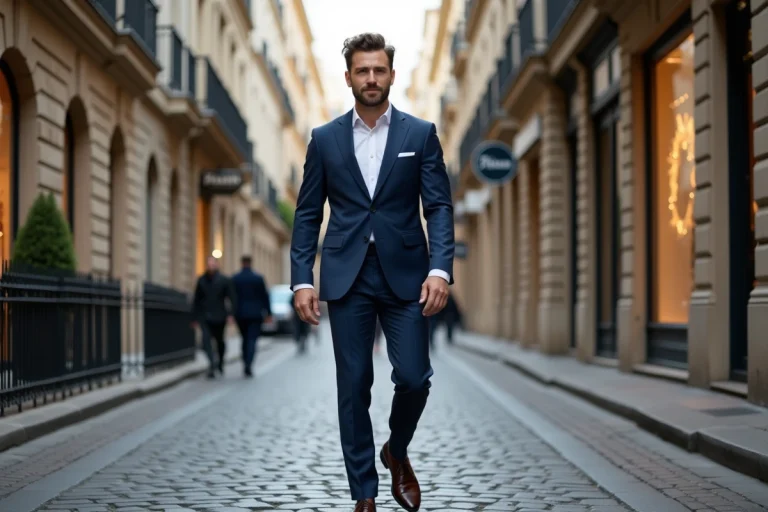 Homme en costume bleu à Lyon dans une rue élégante