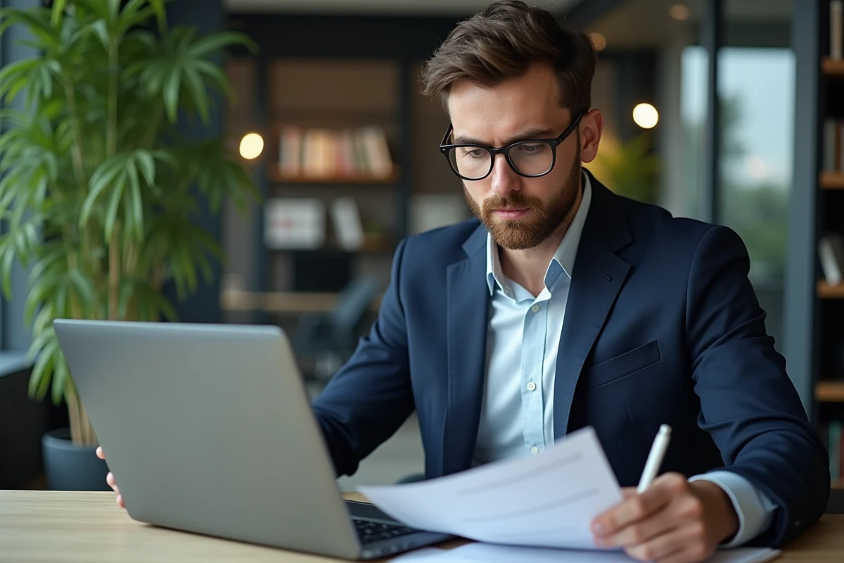 Jeune homme français étudiant ses impots sur un ordinateur