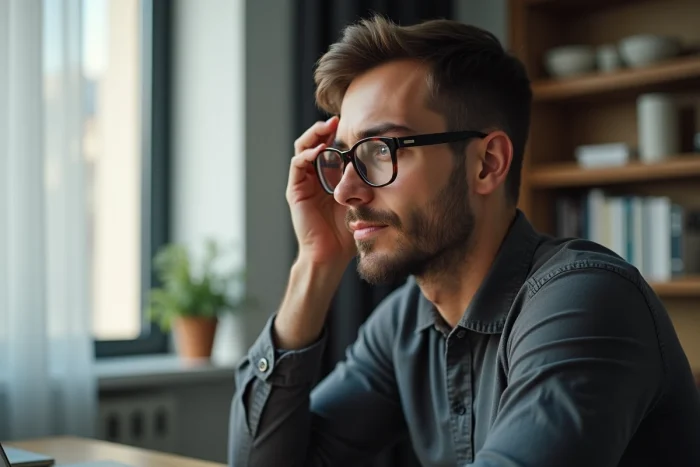 Homme portant des lunettes à large monture pour atténuer les cernes, assis à son bureau dans un appartement moderne