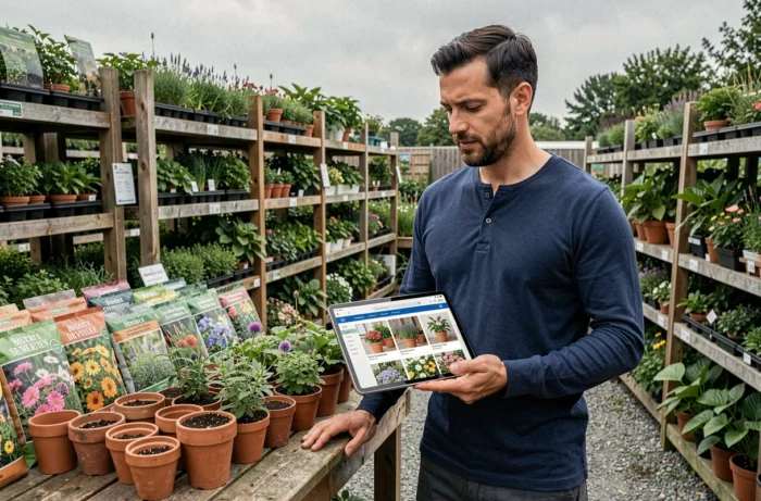 Homme parcourant le plan de navigation d'un site de jardinerie sur une tablette dans une pépinière