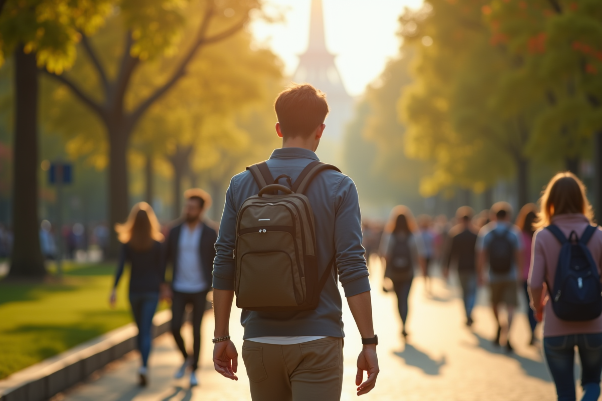 Homme marchant dans un parc urbain en plein jour