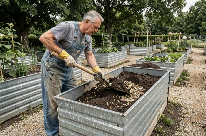 Homme remplissant un carré potager surélevé en métal galvanisé de compost dans un jardin communautaire