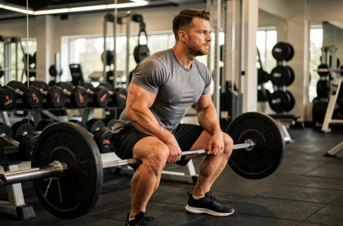 Homme musclé effectuant des squats avec haltère dans une salle de sport moderne, conseils de performance sportive