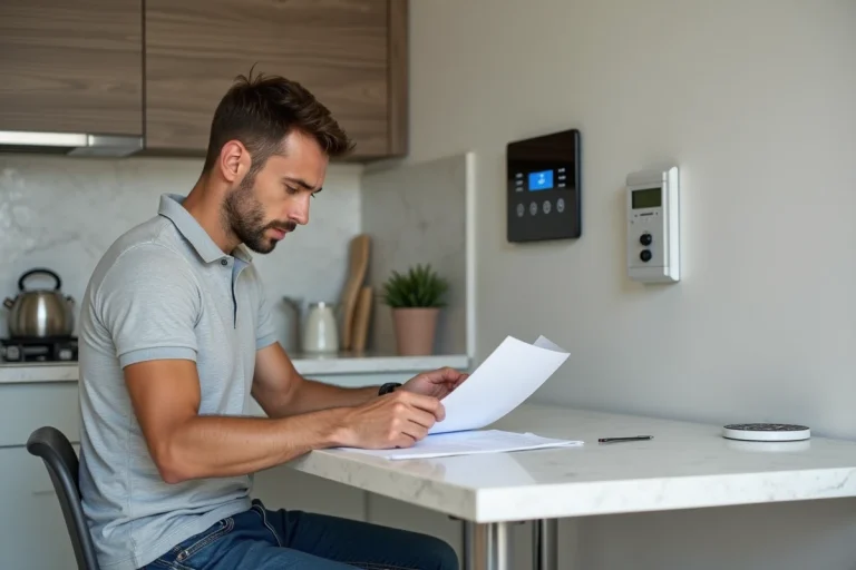 Homme regardant le système d'alarme dans un appartement moderne