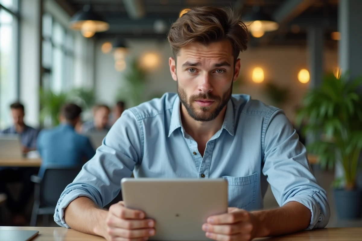 Homme en réunion vidéo dans un espace de coworking dynamique