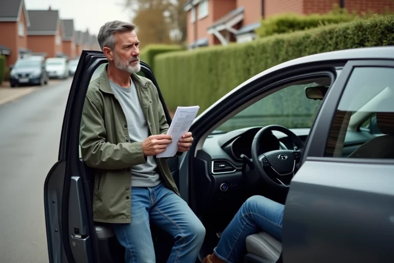 Homme regardant une facture de réparation voiture hybride