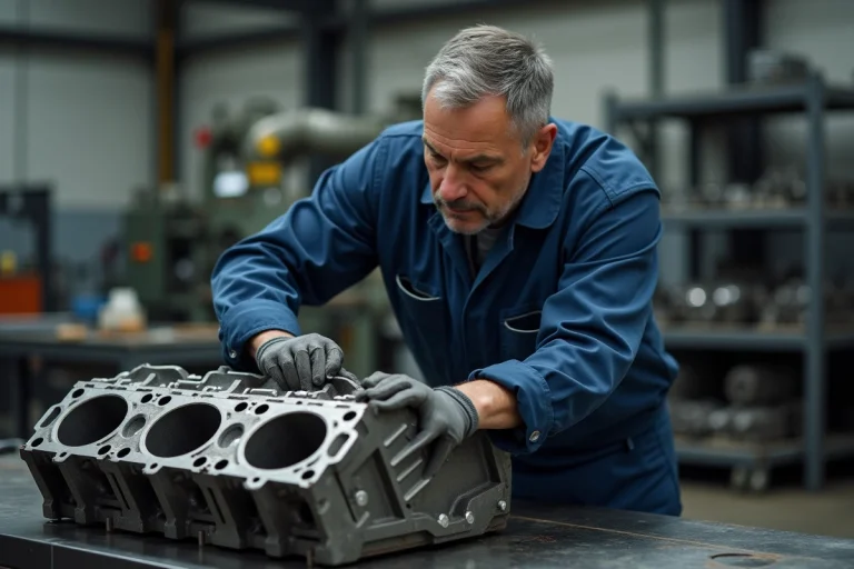 Ingénieur automobile inspectant un bloc moteur forgé en acier sur un établi de machine-shop professionnel