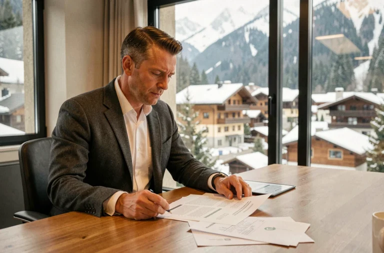 Investisseur immobilier suisse examinant des documents dans un bureau moderne avec vue sur un village alpin enneigé