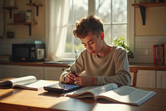 Jeune adulte lisant magazines à la table de cuisine ensoleillée