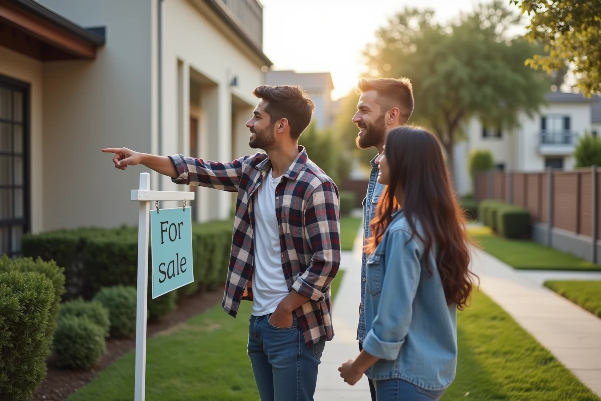 Jeune couple regardant panneau vente devant maison