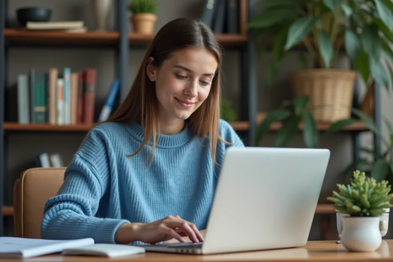 Jeune femme concentrée remplissant une application sur son ordinateur portable